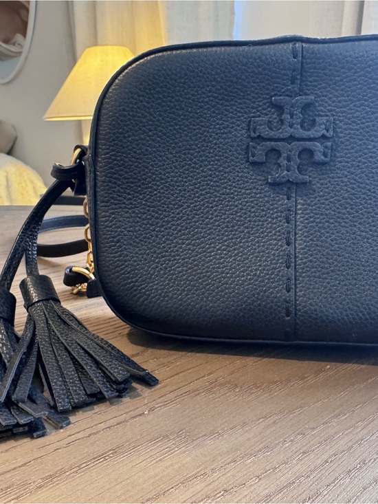 Tory Burch Handbags - Tory Burch McGraw Black Pebbled Leather Tassel Camera Crossbody Bag